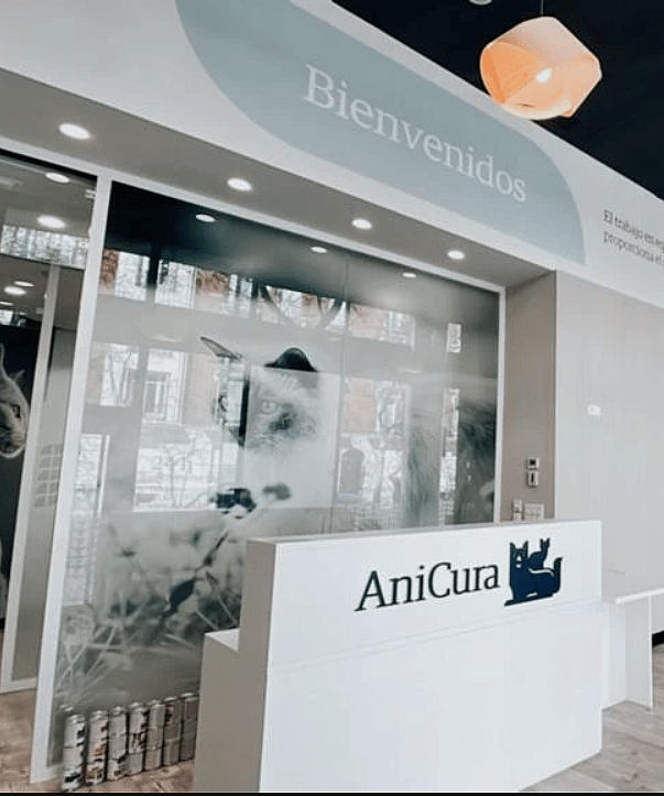 Una tienda blanca con un letrero y puertas de vidrio.