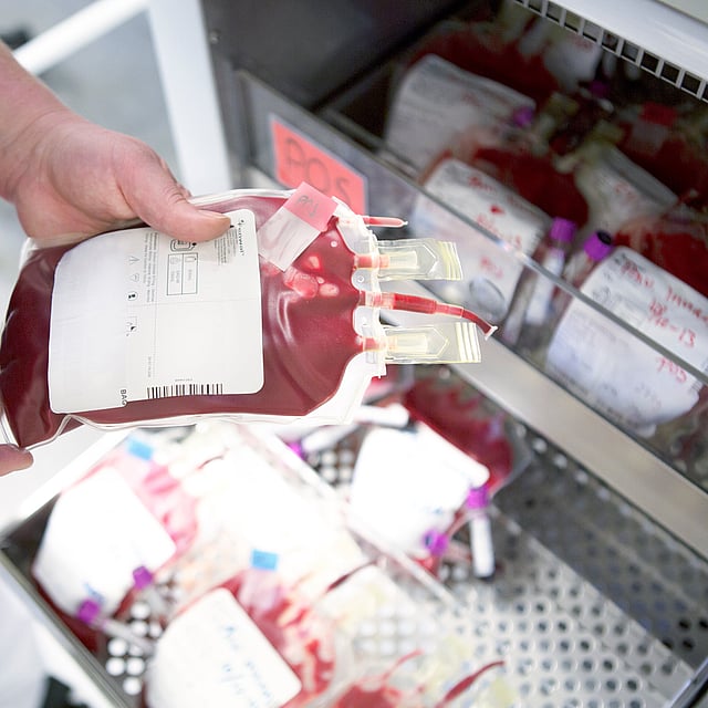 Una persona sosteniendo una bolsa de sangre.