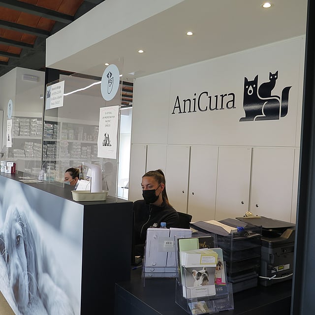 Una persona sentada en un mostrador en una tienda.