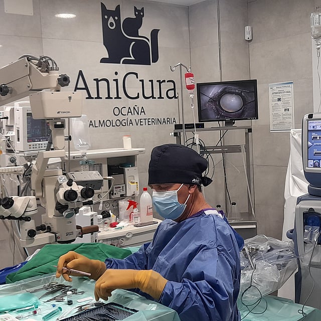 Una persona con una bata quirúrgica y una mascarilla.