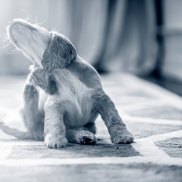 Un perro sentado en una alfombra.