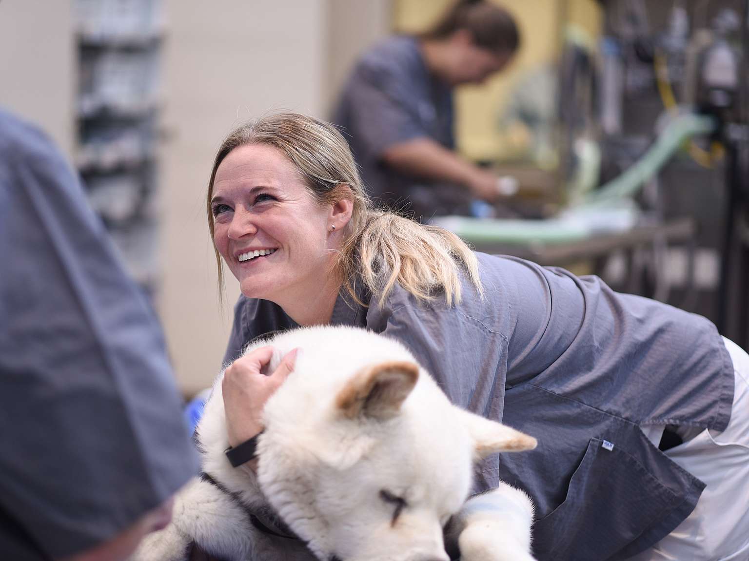 Veterinaria con perro blanco
