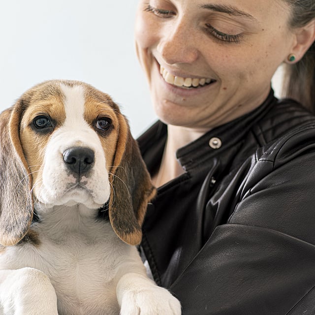 Una persona sosteniendo a un perro.