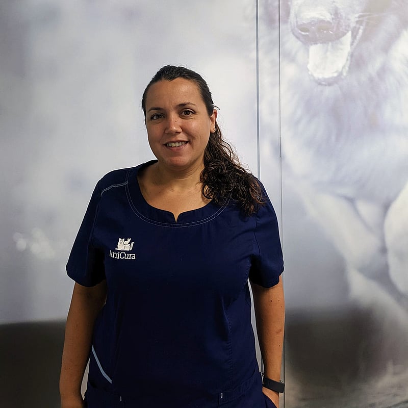 Una persona de pie frente a una imagen de un lobo.