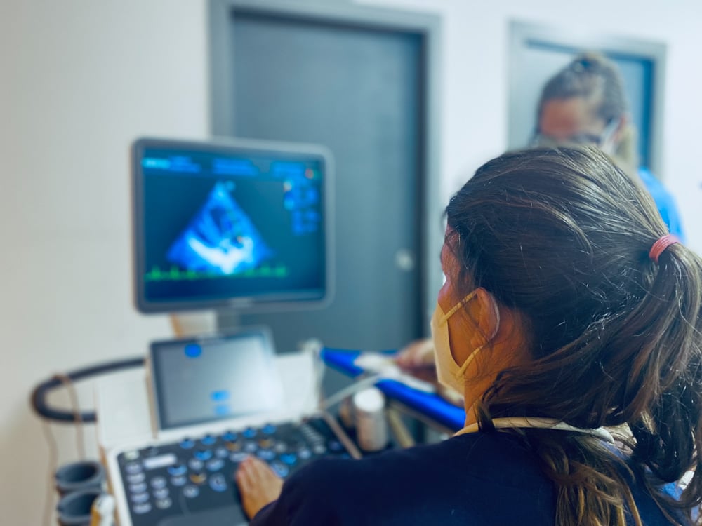 Una persona con mascarilla y usando una computadora portátil.